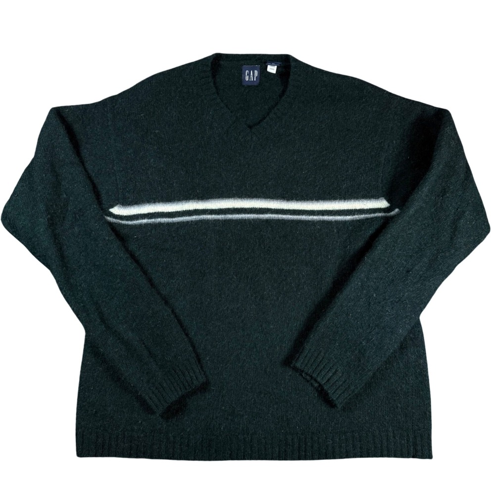 Gap Lambswool V-Neck Sweater Mens XL Green Vintage Stripe Pullover Knit Luxury